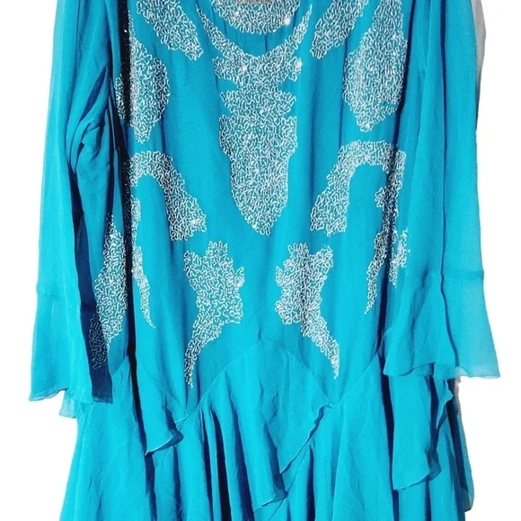 Ashro Women's Aqua Embellished Elegant Evening Flowy Gown Sz: 3X - Picture 3 of 9